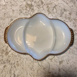 VINTAGE~FIRE-KING OVEN WARE~MILK GLASS~DIVIDED SERVING DISH~GOLD TRIM~USA~G13